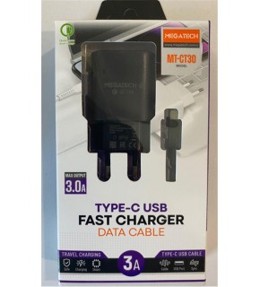 Megatech Mt-CT30 Siyah QD 3.0a Usb Ev Şarj Kafa+ Type-C Şarj Kablosu