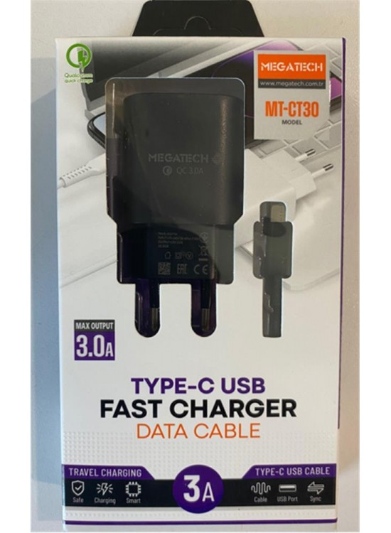 Megatech Mt-CT30 Siyah QD 3.0a Usb Ev Şarj Kafa+ Type-C Şarj Kablosu