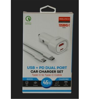 Megatech T05M45-T Beyaz 45W PD-USB Araç Çakmaklık Şarj Başlığı Hızlı Şarj(TYPE-C TO TYPE-C KABLO)