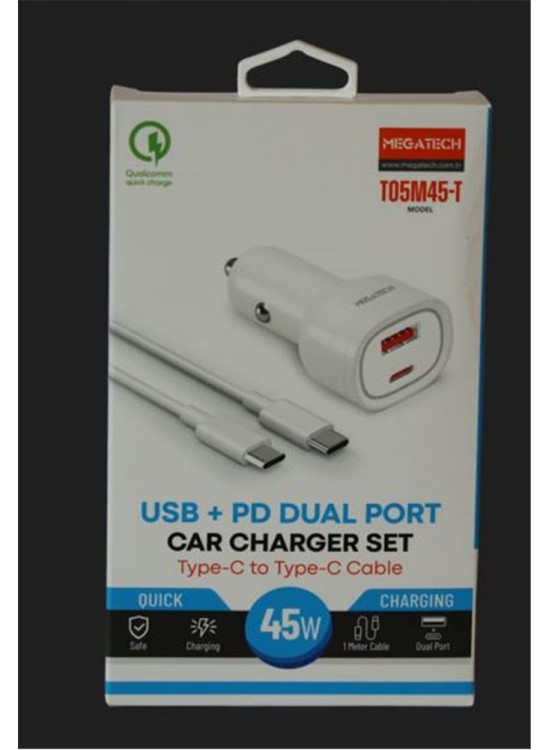 Megatech T05M45-T Beyaz 45W PD-USB Araç Çakmaklık Şarj Başlığı Hızlı Şarj(TYPE-C TO TYPE-C KABLO)