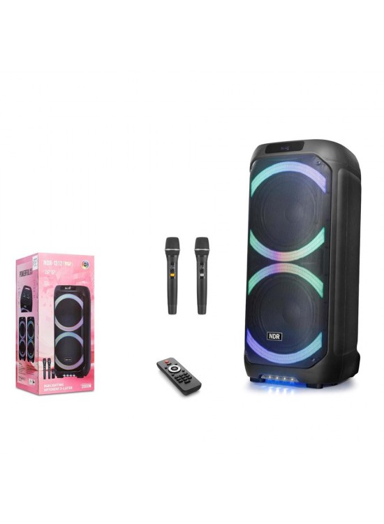 NDR NDR1312 Çift Karaoke Mikrofonlu Bluetooth Hoparlör FM Radyo 60W 2x12 İnç RGB Kumandalı Siyah
