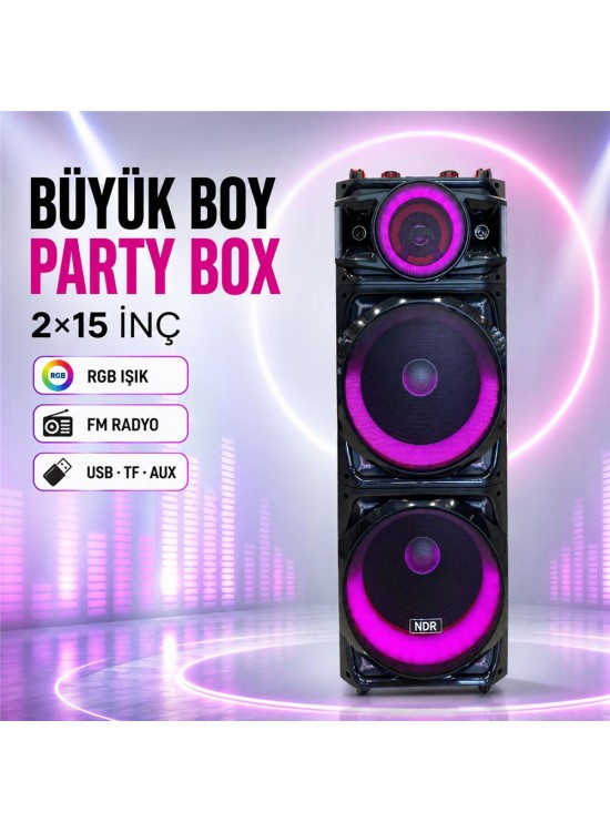 NDR NDR1526 Çift Karaoke Mikrofonlu Bluetooth Hoparlör FM Radyo 100W 2x15 İnç RGB Kumandalı Siyah