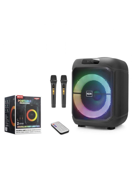 NDR NDR1745 Çift Karaoke Mikrofonlu Bluetooth Hoparlör FM Radyo 20W 8 İnç RGB Kumandalı Siyah