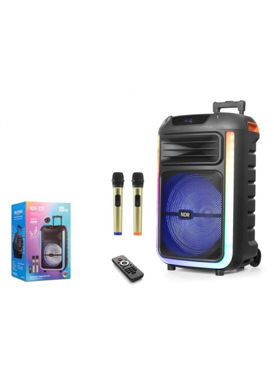 NDR NDR325 Çift Karaoke Mikrofonlu Bluetooth Hoparlör FM Radyo 40W 15 İnç RGB Kumandalı Siyah
