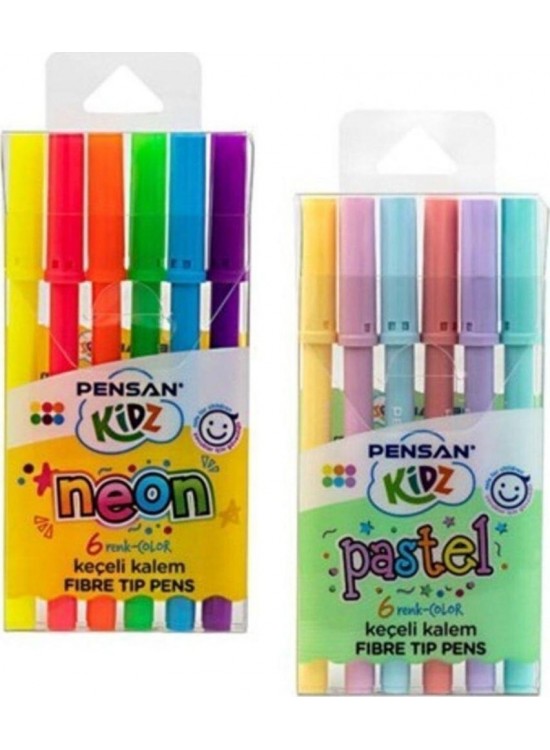 Pensan Kidz Pastel ve Neon Renkler Keçeli Kalem 6 Renk PE99093PS24 (Stand 24 Lü Set)