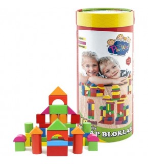 Playwood Silindir Kutulu 100 Parça Renkli Ahşap Bloklar