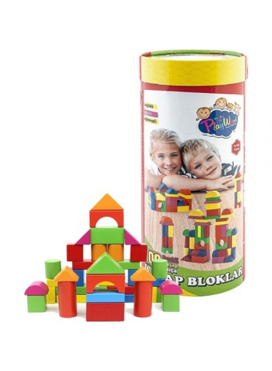 Playwood Silindir Kutulu 100 Parça Renkli Ahşap Bloklar