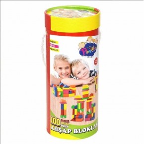 Playwood Silindir Kutulu 100 Parça Renkli Ahşap Bloklar