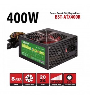 PowerBoost BST-ATX400R 400w, PPFC 12cm Siyah Fanlı ATX PSU Power kablo (Retail Box) Güç Kaynağı