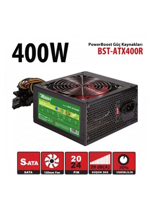 PowerBoost BST-ATX400R 400w, PPFC 12cm Siyah Fanlı ATX PSU Power kablo (Retail Box) Güç Kaynağı