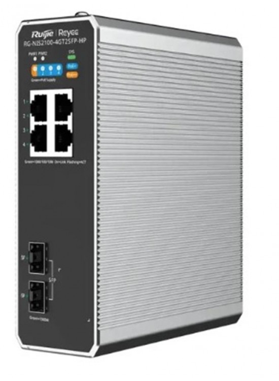 Ruijie RG-NIS21004GT2SFP-HP 4x10-100-1000 PoE+ 2xSFP Port IP40 Harici Güç Kaynağı Endüstriyel Switch