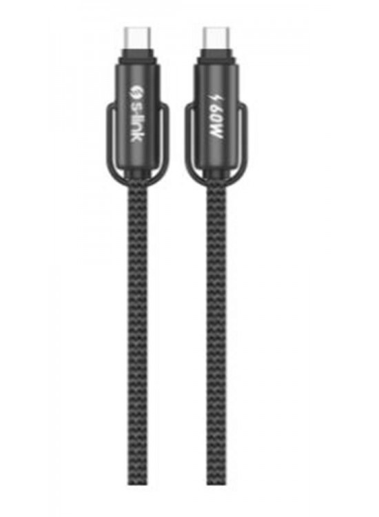S-link Armor Boyun Askılı AC-01 60W 1.2m Type-C to Type-C  Örgülü Metal Başlıklı Siyah Şarj Kablosu