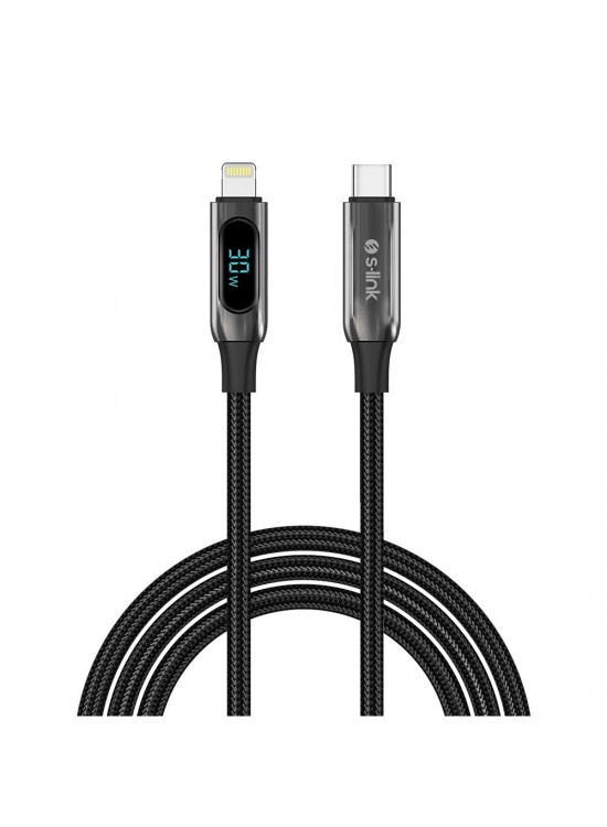 S-link Armor LED CL-030 30W 1mt Type-C to Lightning PD Örgülü LED Başlıklı Siyah Hızlı Şarj Kablosu