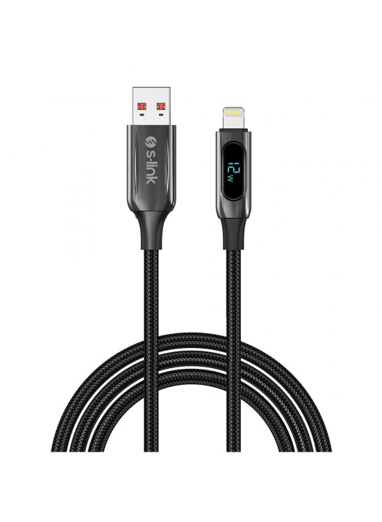S-link Armor LED UL-012 12W 1m USB to Lightning PD Örgülü LED Başlıklı Siyah Hızlı Şarj Kablosu
