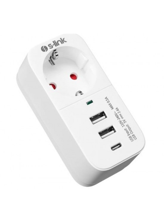 S-link SL-011 16A-250V 750 Joule 2 Usb 1 Type C 5V2.4A  Akım Korumalı Tekli Priz