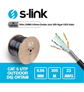 S-link SL-CAT609 305m 23AWG 0.56mm CCA Double Jack GRİ+Siyah Dış Mekan