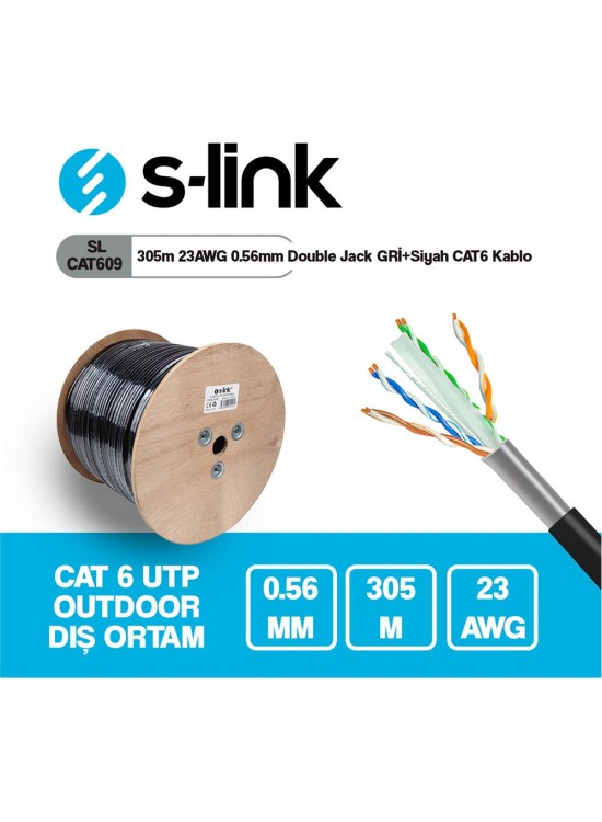 S-link SL-CAT609 305m 23AWG 0.56mm CCA Double Jack GRİ+Siyah Dış Mekan