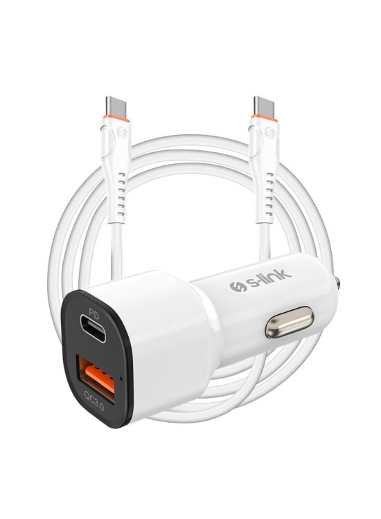 S-link SL-EC38PD TypeC to TypeC Kablolu 38W PD + USB QC3.0 Beyaz Araç Şarj Cihazı