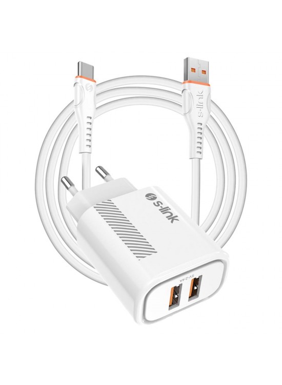 S-link SL-EC50 (SL-EC50T) 5V 2400MA Type-C Kablolu 2 USB Çıkışlı Beyaz Ev Şarj Adaptörü