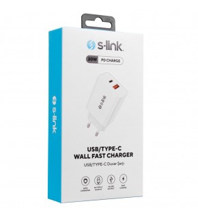 S-link SL-EC60 20W PD3.0-Quick Charge QC3.0 Type USB-C +USB A Hızlı Beyaz Ev Şarj Adaptör