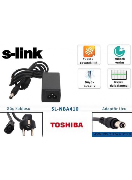 S-link sl-nba410 45W 19V 2.37A 6.3-3.0 Toshıba Notebook Adaptörü S-link sl-nba410 45W 19V 2.37A 6.3-3.0 Toshıba Notebook Adaptörü