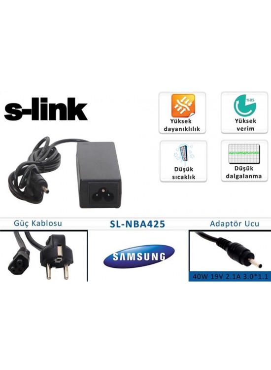 S-link SL-NBA425 40w 19v 2.1a 3.0-1.1 Samsung Notebook Adaptörü S-link SL-NBA425 40w 19v 2.1a 3.0-1.1 Samsung Notebook Adaptörü