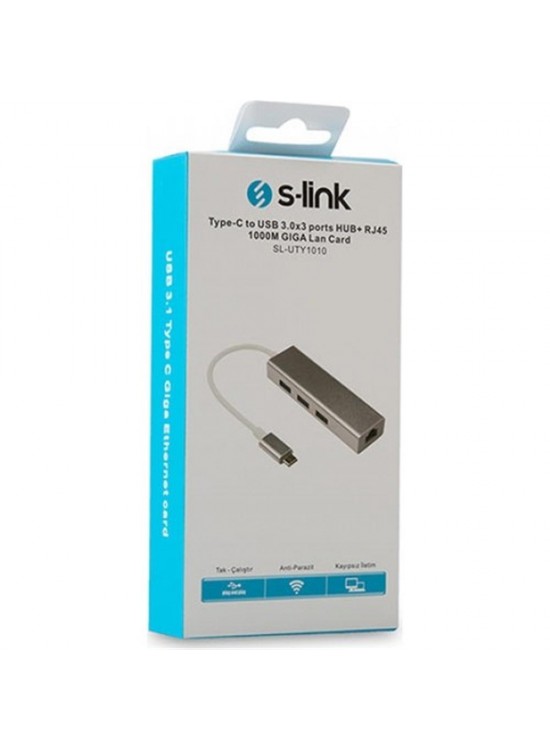 S-link SL-UTY1010 Tpye-c To Usb 3.0 - 3 Ports + rj Gıgabıt Ethernet Hub