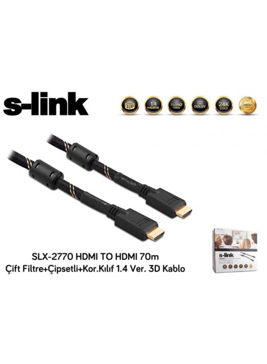 S-link SLX-2770 HDMI TO HDMI 70m Çift Filtre+Çipsetli+Kor.Kılıf 1.4 Ver. 3D Kablo
