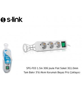 S-link SPG-F03 1.5m 306 Joule Flat Soket 3G1.0mm Tam Bakır 3 lü Akım Korumalı Priz Çoklayıcı