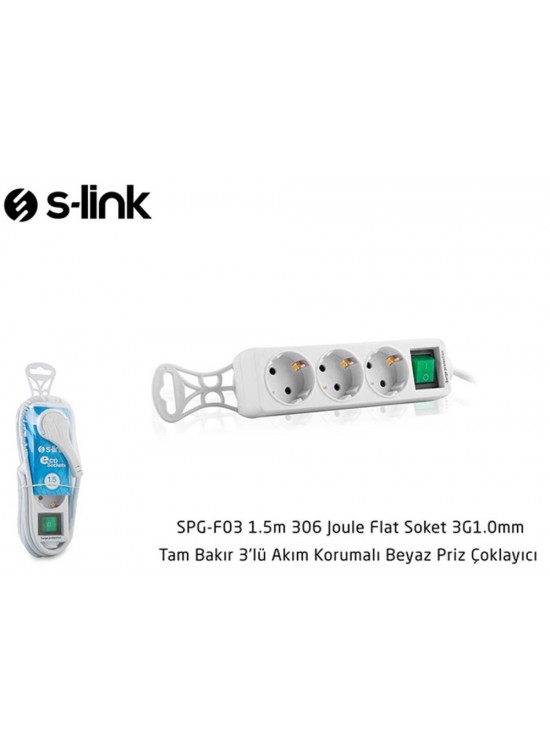 S-link SPG-F03 1.5m 306 Joule Flat Soket 3G1.0mm Tam Bakır 3 lü Akım Korumalı Priz Çoklayıcı