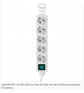 S-link SPG-F05 1.5m 306 Joule Euro Soket 3G1.0mm Tam Bakır 5li Akım Korumalı Beyaz Priz Çoklayıcı