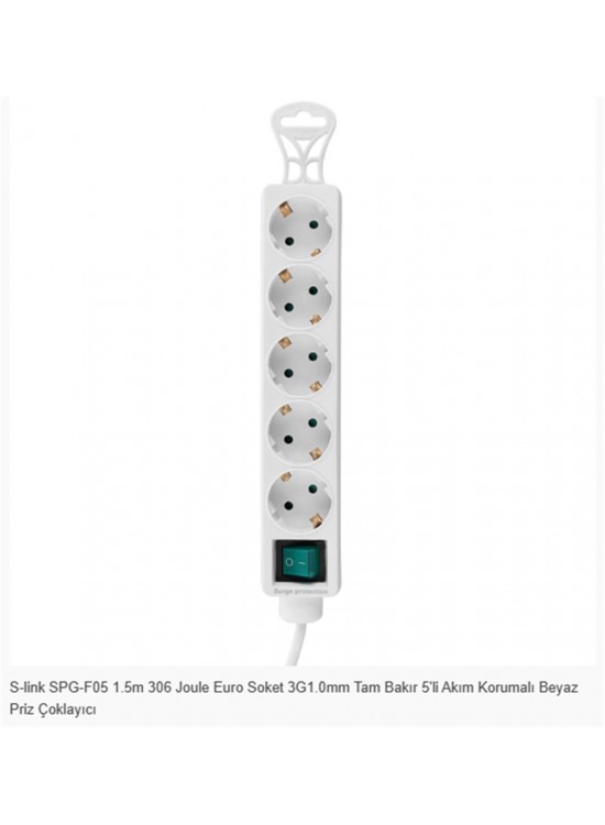 S-link SPG-F05 1.5m 306 Joule Euro Soket 3G1.0mm Tam Bakır 5li Akım Korumalı Beyaz Priz Çoklayıcı