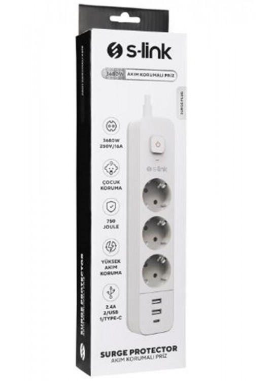 S-link SPG03TC 5V2.4A 1.5m 3x1.00mm 100 yüzde Bakır 750 Joule 3 lü Anahtarlı Akım Korumalı Beyaz Priz S-link SPG03TC 5V2.4A 1.5m 3x1.00mm 100 yüzde Bakır 750 Joule 3 lü Anahtarlı Akım Korumalı Beyaz Priz