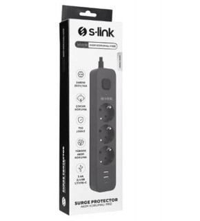 S-link SPG03U  5V2.4A 1.5m 3x1.00mm 100 yüzde  Bakır 750 Joule 3 lü Anahtarlı Akım Korumalı Siyah Priz