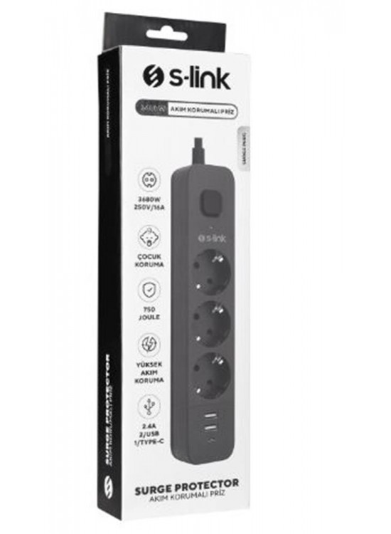 S-link SPG03U  5V2.4A 1.5m 3x1.00mm 100 yüzde  Bakır 750 Joule 3 lü Anahtarlı Akım Korumalı Siyah Priz