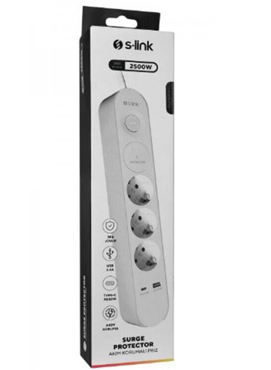 S-link SPG3-PD20 PD20W H05VV-F 3G1.0mm, 1.5m 3 lü 306 J Akım Korumalı Beyaz + Gri Priz S-link SPG3-PD20 PD20W H05VV-F 3G1.0mm, 1.5m 3 lü 306 J Akım Korumalı Beyaz + Gri Priz