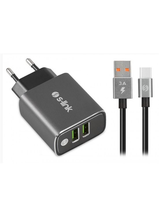 S-link SW-EHT36M 2 USB, 3.1A Metal Ev Sarj Cihazı ve Type-C Data + Sarj Kablosu