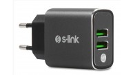S-link SW-EHT36M 2 USB, 3.1A Metal Ev Sarj Cihazı ve Type-C Data + Sarj Kablosu