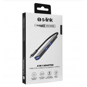 S-link SWV-USBC023 4 in 1 Gri Metal TypeC to 2-USB2.0 USB 3.0, PD Type C Adaptör