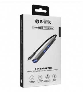 S-link SWV-USBC023 4 in 1 Gri Metal TypeC to 2-USB2.0 USB 3.0, PD Type C Adaptör