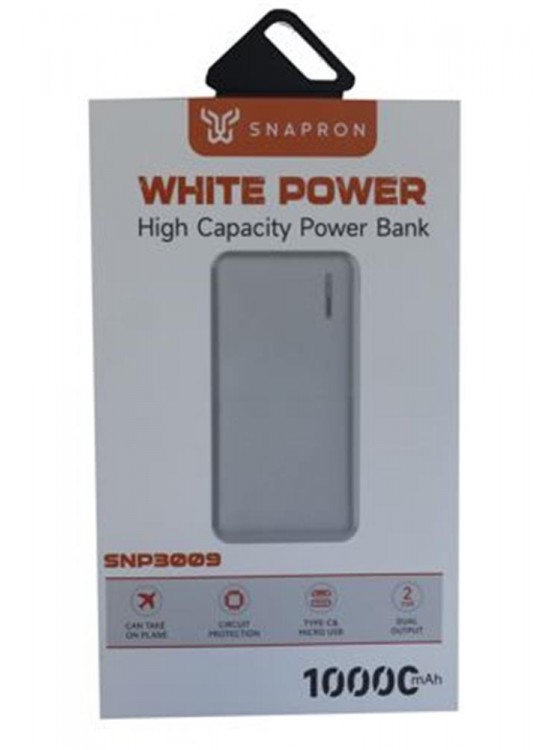 SnapMax SNP-3009 Beyaz 10.000 mah Powerbank 2x USB Çıkışlı 1 Type-C ve 1 Micro Girişli