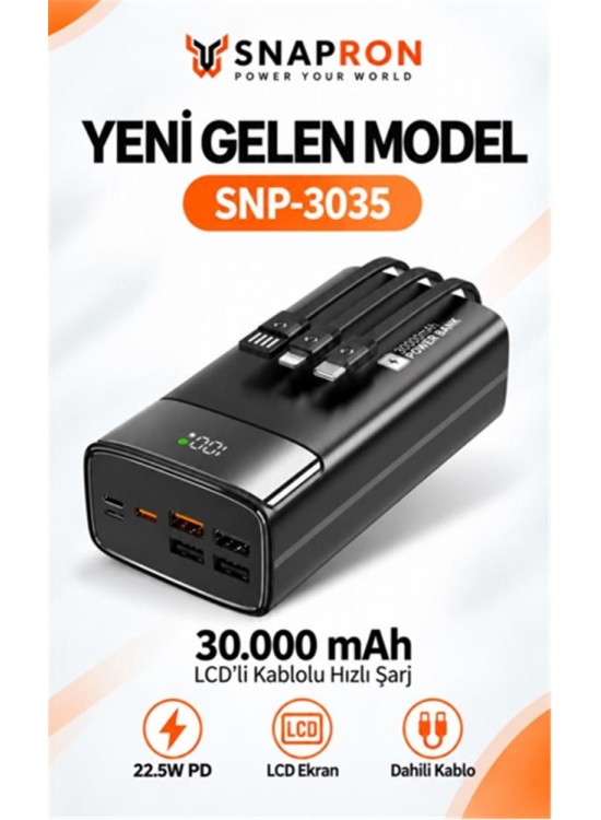 Snapron SNP-3035 30.000 Mah LCD Ekran Dahili Kablolu 22.5w Hızlı Şarj Powerbank