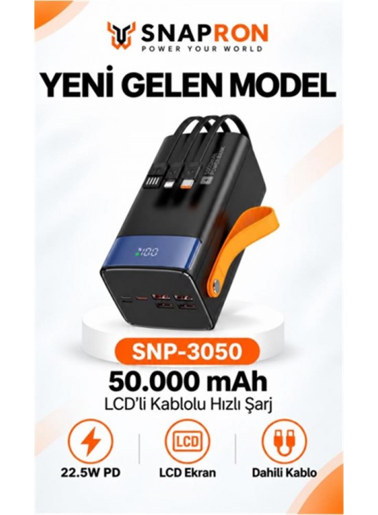 Snapron SNP-3050 50.000 Mah LCD Ekran Dahili Kablolu 22.5w Hızlı Şarj Powerbank