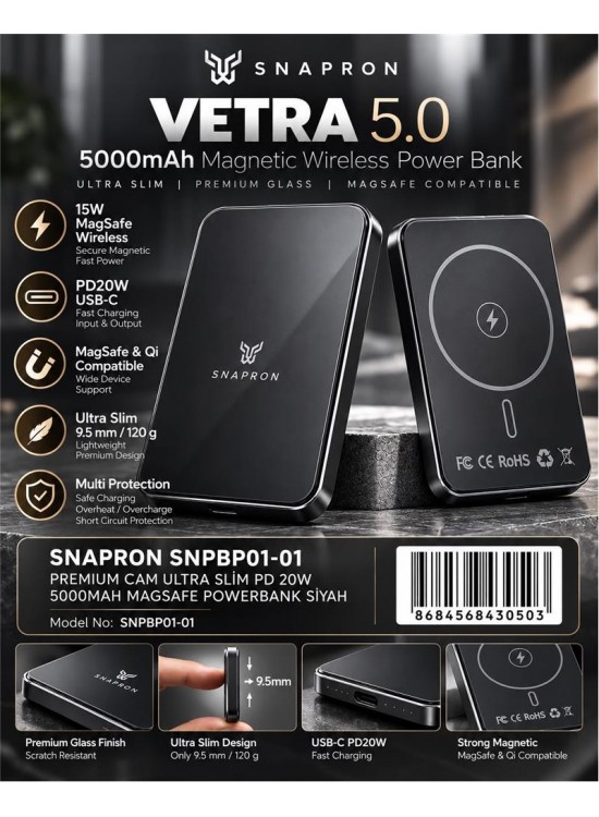Snapron Snppb01-01 Siyah 5000 mah Pd 20W USB- C MAGSAFE Ultra Silim ( Magnetic Wireless) Snapron Snppb01-01 Siyah 5000 mah Pd 20W USB- C MAGSAFE Ultra Silim ( Magnetic Wireless)