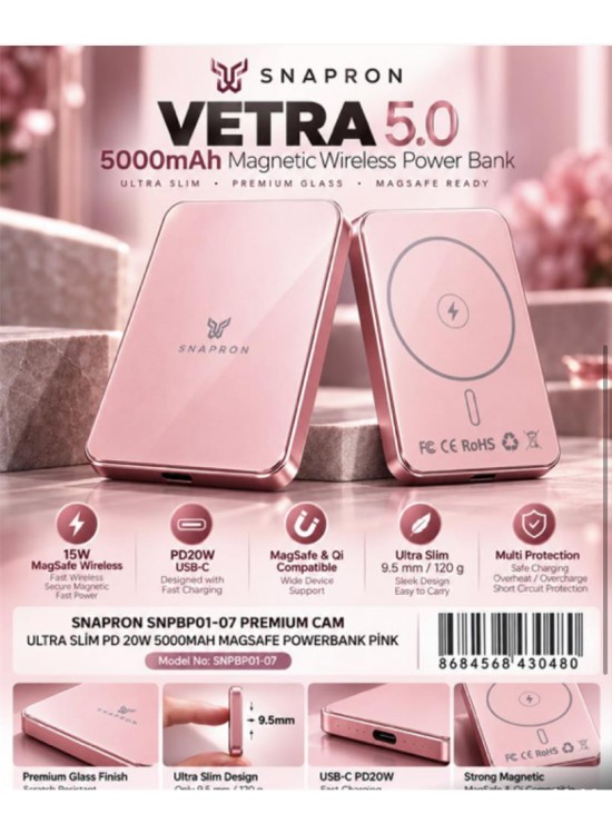 Snapron Snppb01-07 Pembe 5000 mah Pd 20W USB- C MAGSAFE Ultra Silim ( Magnetic Wireless) Snapron Snppb01-07 Pembe 5000 mah Pd 20W USB- C MAGSAFE Ultra Silim ( Magnetic Wireless)