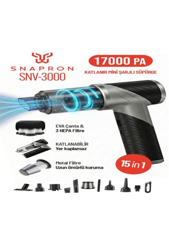 Snapron SNV-3000 17000PA 2000Mah 15in1 Güçlü Vakum Ve Üflemeli Şarjlı Katlanabilir Araç Süpürgesi