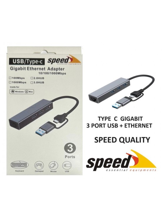 Speed UET01 10-100-1000 USB - Type c 3 Port USB 3.0 Çoklayıcı Gigabit Ethernet Çevirici