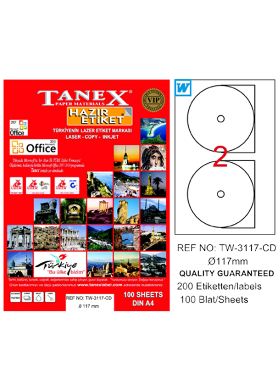 Tanex Cd Etiketi Laser-Copy-Inkjet 100 YP 117 MM TW-3117 Tanex Cd Etiketi Laser-Copy-Inkjet 100 YP 117 MM TW-3117