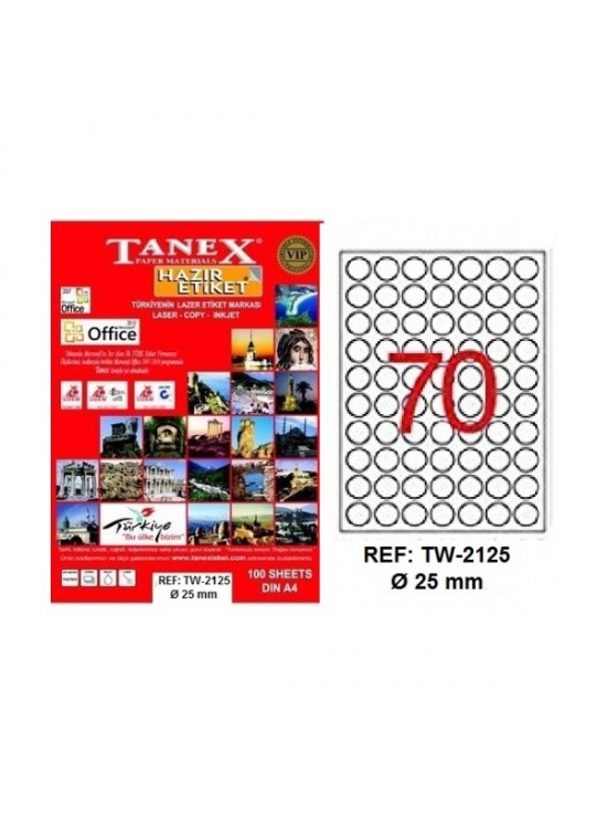 Tanex Laser Etiket 100 YP 0.25 MM Laser-Copy-Inkjet Yuvarlak TW-2125