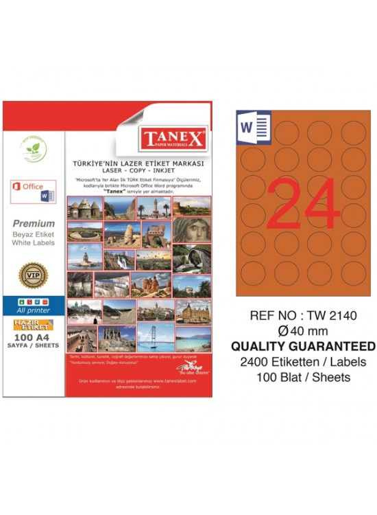 Tanex Laser Etiket 100 YP 0.40 MM Laser-Copy-Inkjet Yuvarlak Turuncu TW-2140